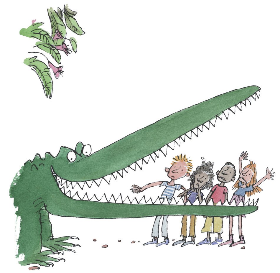 cartoon terrified people and crocodile with giant mouth