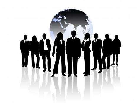 silhouettes of businessmen in business suits on the background of the planet