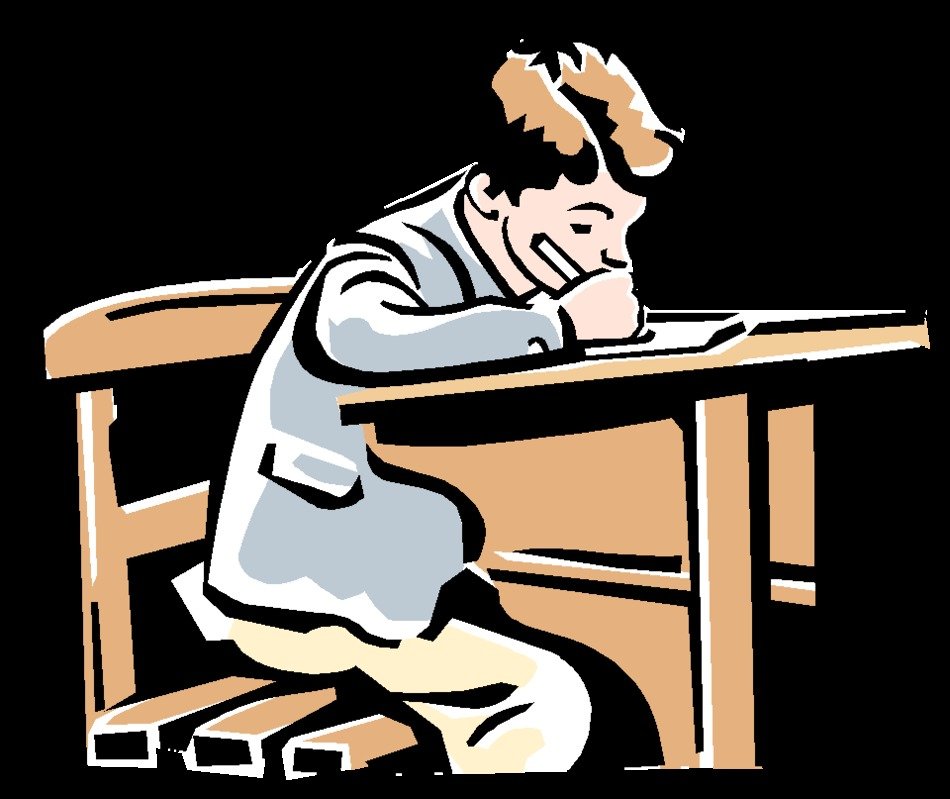 drawn student at a desk on a black background