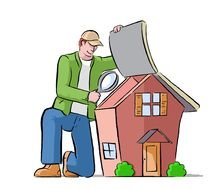 painted man examines a house under a magnifying glass