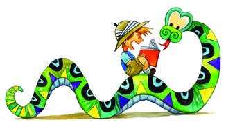 drawing of cartoon boy with a book sitting on a snake