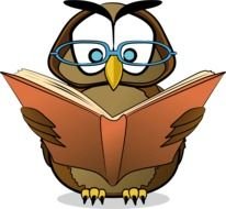 drawn cartoon owl with a book on a black background