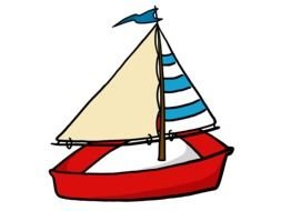painted red boat with striped sail