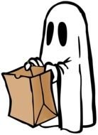 white ghost with a brown paper bag