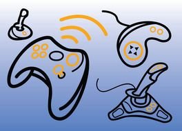 drawings of game consoles on a blue background