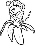 black and white drawing of a monkey near a banana