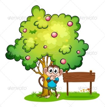 Graphicriver Monkey Under A Tree Beside An Empty Wood Sign 7915581