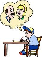 cartoon child boy at table with faces of parents in thougth bulb