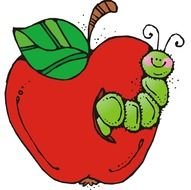 painted green caterpillar on a red apple