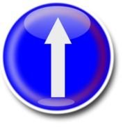 Straight Ahead, round glossy button with arrow, drawing