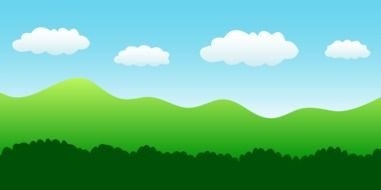painted green hills against a blue sky