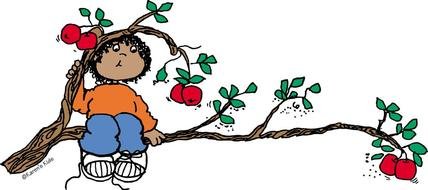 drawing of a boy on a branch with red apples