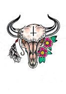 skull drawing of a bull with flowers