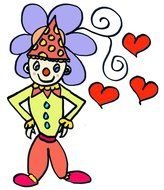drawing of a clown on a background of a flower and hearts