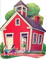 kids running to schoolhouse, vintage drawing