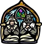 Praying couple at open book, drawing