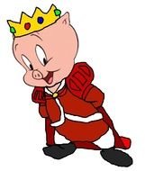 drawn cartoon pig with a crown and in royal clothes