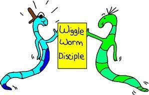 wiggle worm disciple, two cartoon worms with board