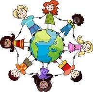 kids of various races holding hands around globe, drawing