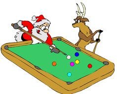 Santa Claus and deer play billiards