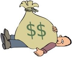 cartoon man lays under big money bag