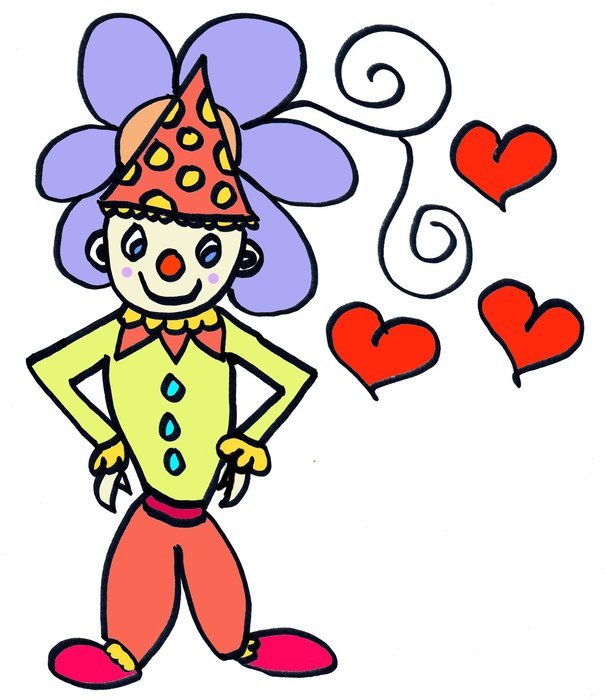 drawing of a clown on a background of a flower and hearts