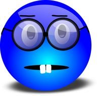 blue smiley with two teeth in glasses