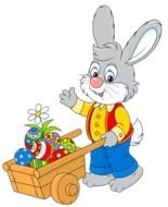 drawing of a bunny with a cart with easter eggs