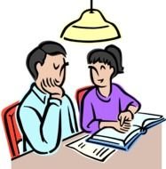 young man and woman at table with book, drawing