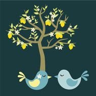 Lemon Tree With Love Birds In Blue And Yellow Digital On