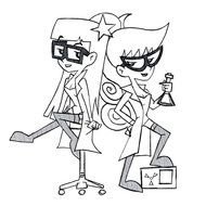 Black and white drawing of the girls in the lab clipart