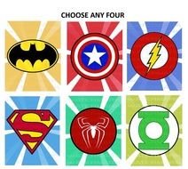 superhero logos on a colored background