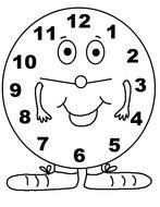 cartoon smiling clock, black and white