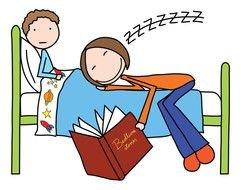 picture of sleeping mom near the child with a book