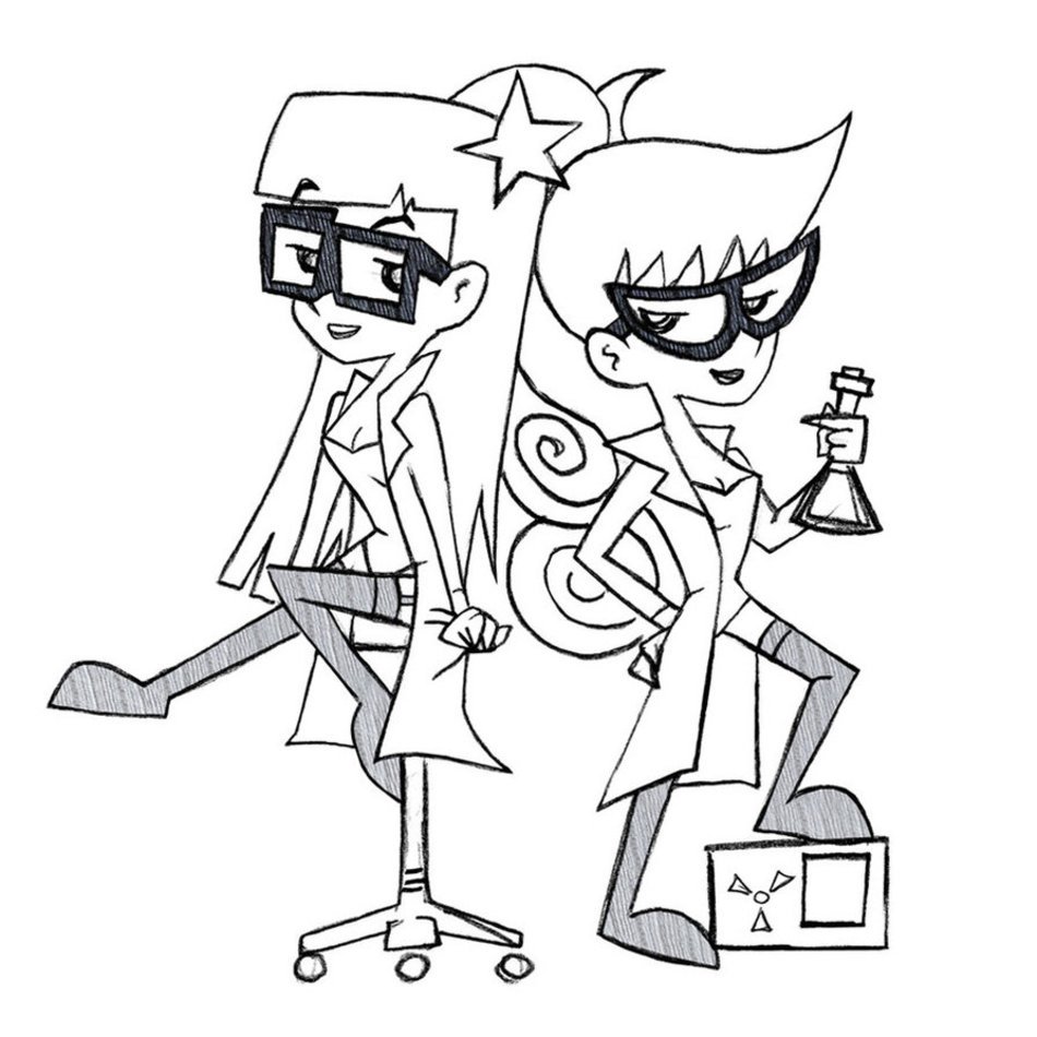 Black and white drawing of the girls in the lab clipart