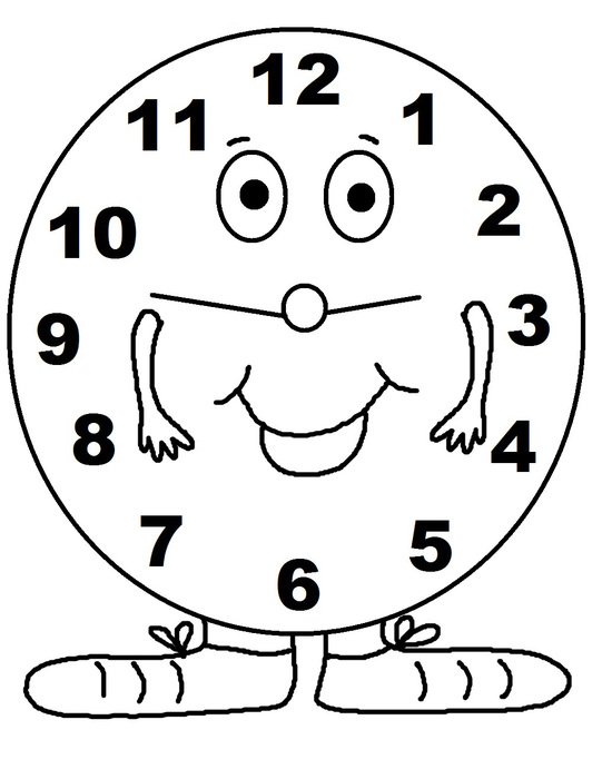 cartoon smiling clock, black and white
