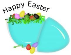 painted easter eggs in a blue glass egg