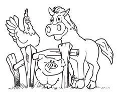 Farm animals at fence, Coloring Page