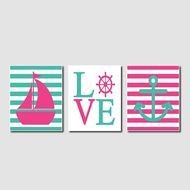 Nautical Sailing Hot Pink Aqua Wall Art Sailboat Love Captains Wheel