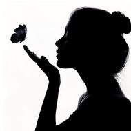 Black silhouette of the lady with the butterfly clipart