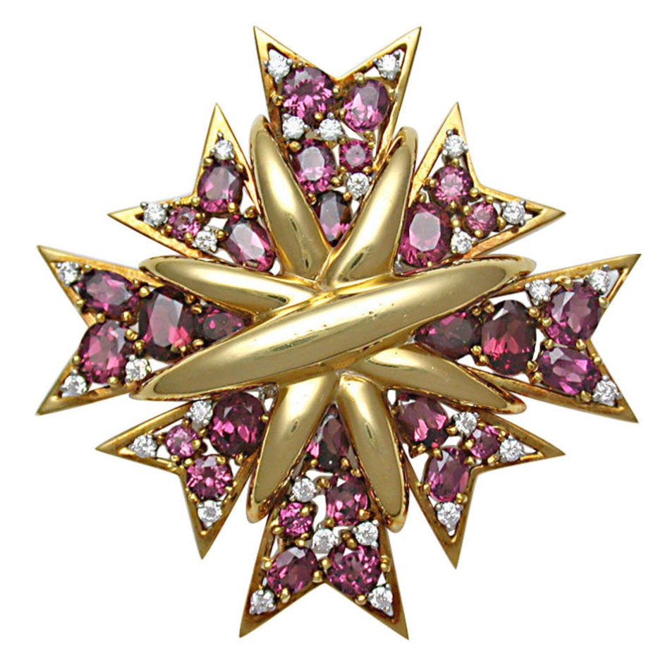 Verdura Rhodolite Garnet And Diamond Maltese Cross Brooch At 1stdibs