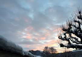 evening sky at snowy winter, switzerland, einsiedeln