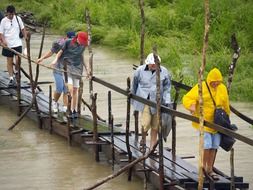 wet tourists on wooden walkway through amazonas river, brazil