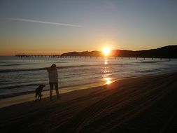 girl is walking with her dog on the beach at sunrise