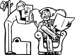 black and white drawing of a waiter near a guest