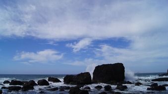 waves splashing on rocks, dusk seascape