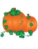 Drawing of orange pumpkin with green leaves on white background