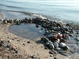 round stones and waves on the coast