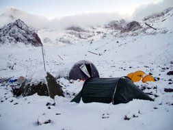 Base camp of a expedition in the snow in the mountains of Argentina