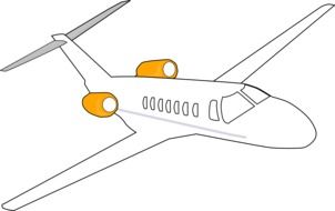 white airplane with two orange turbins in flight, drawing